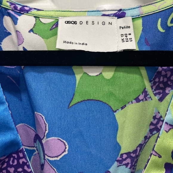 ASOS | Petite Satin Midi Tea Dress 8P Blue Green Abstract Floral Print - Picture 7 of 15